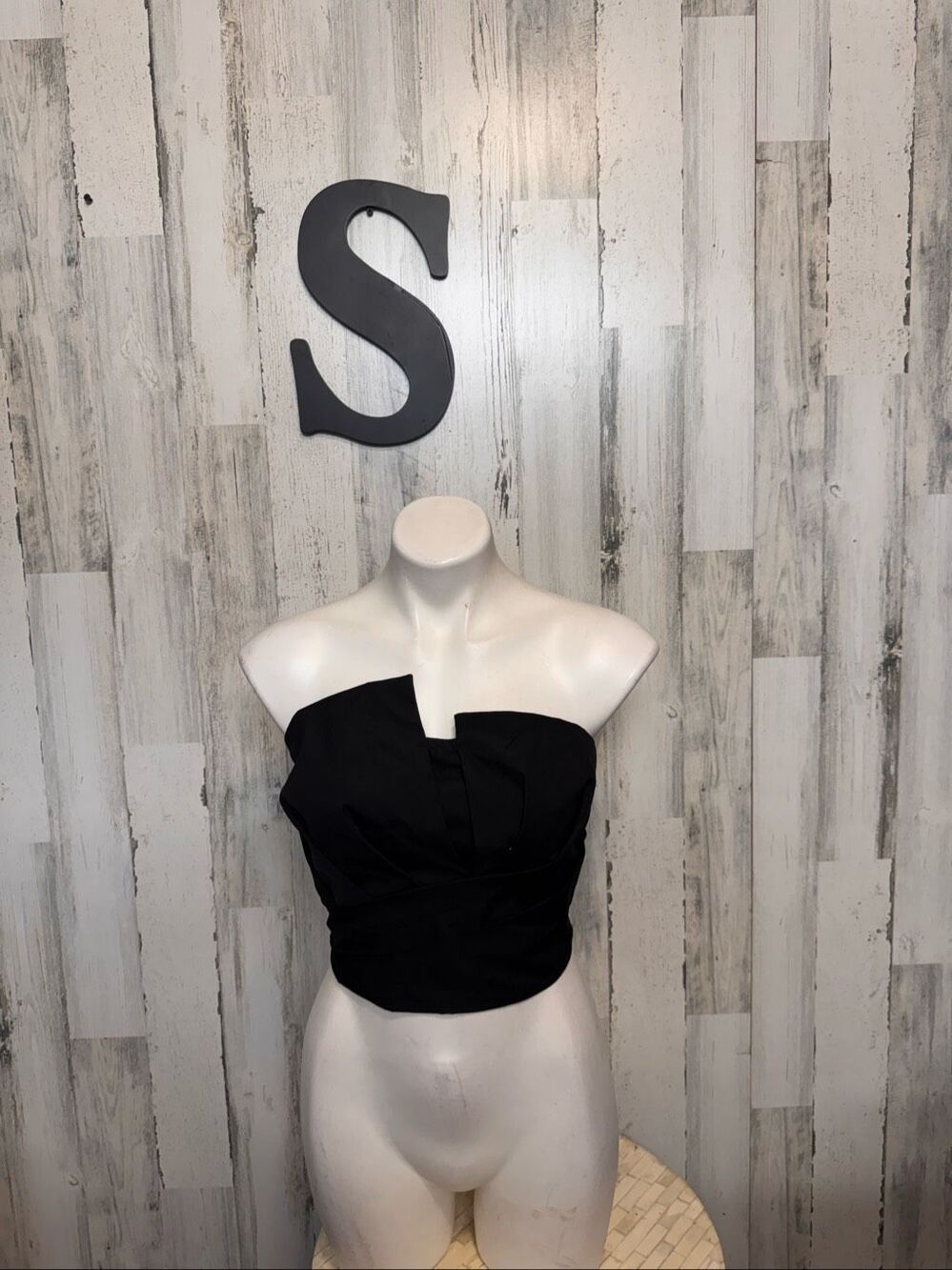 SHEIN Black Asymmetrical Foldover Strapless Tube Crop Top Womens Small Back Zip
